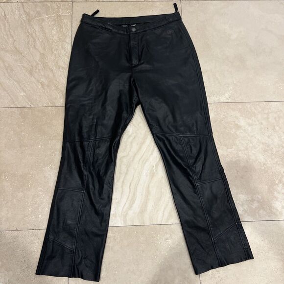 Harley Davidson Biker Motorcycle Black Leather Pants Sz 40/12 W Flared Leg